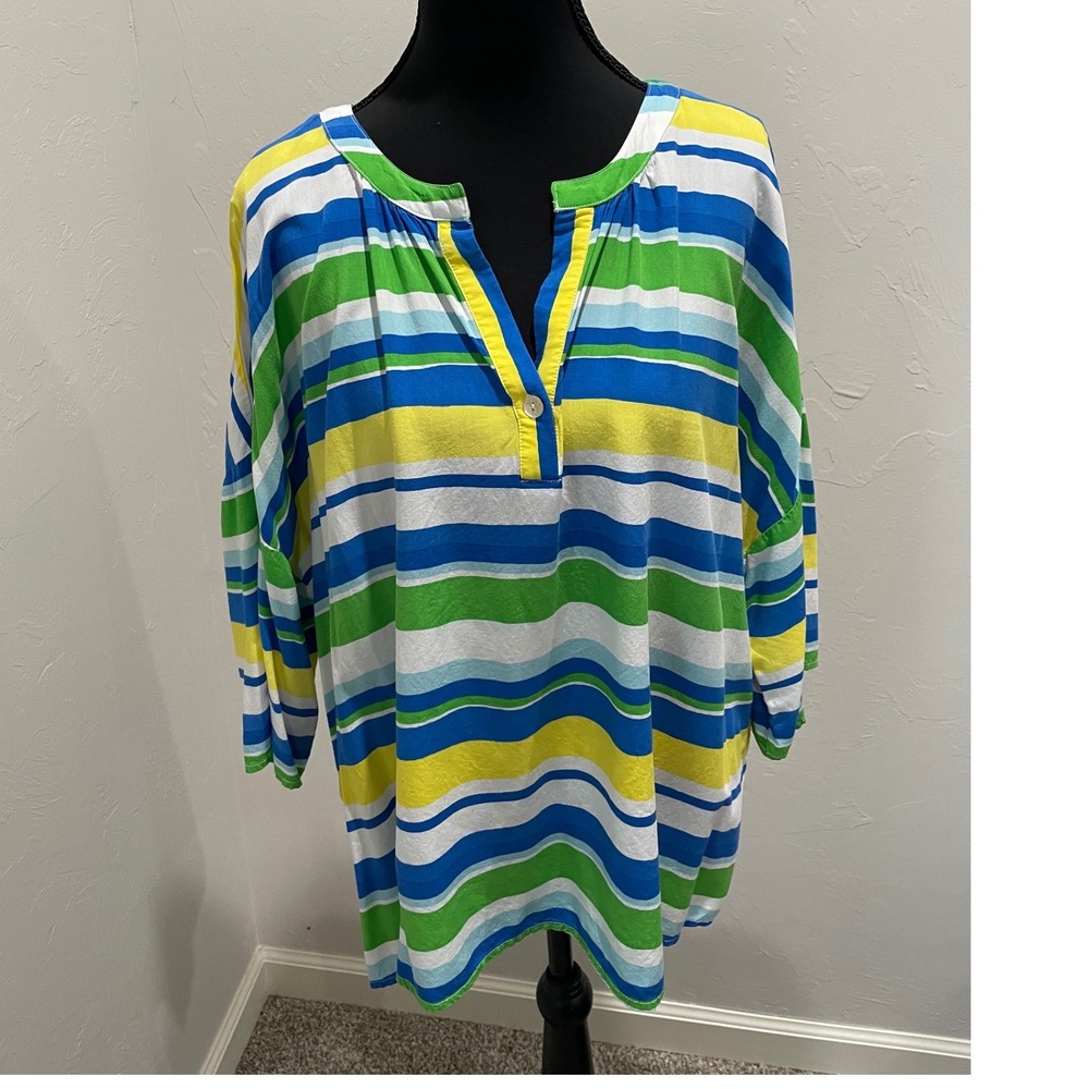 Ruby Rd Women XL Blue Green Yellow Striped Rayon 3/4 Sleeve Tunic Blouse Top